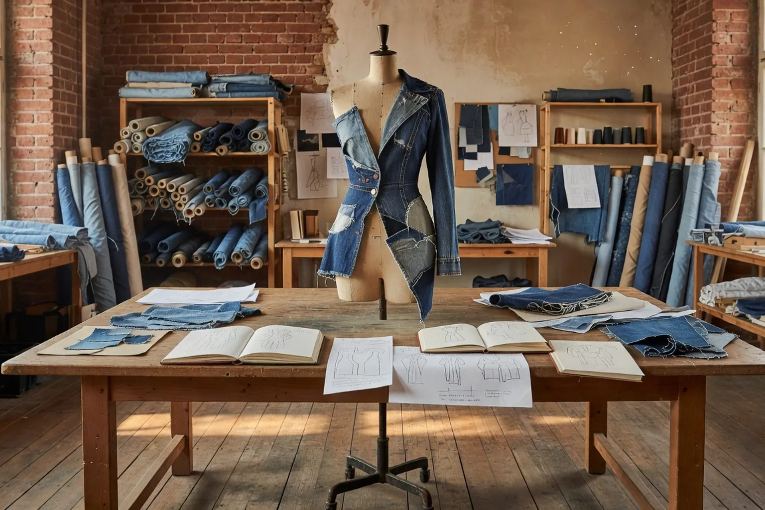 Studio de createur a Kyiv avec vetement en jean deconstruit sur mannequin
