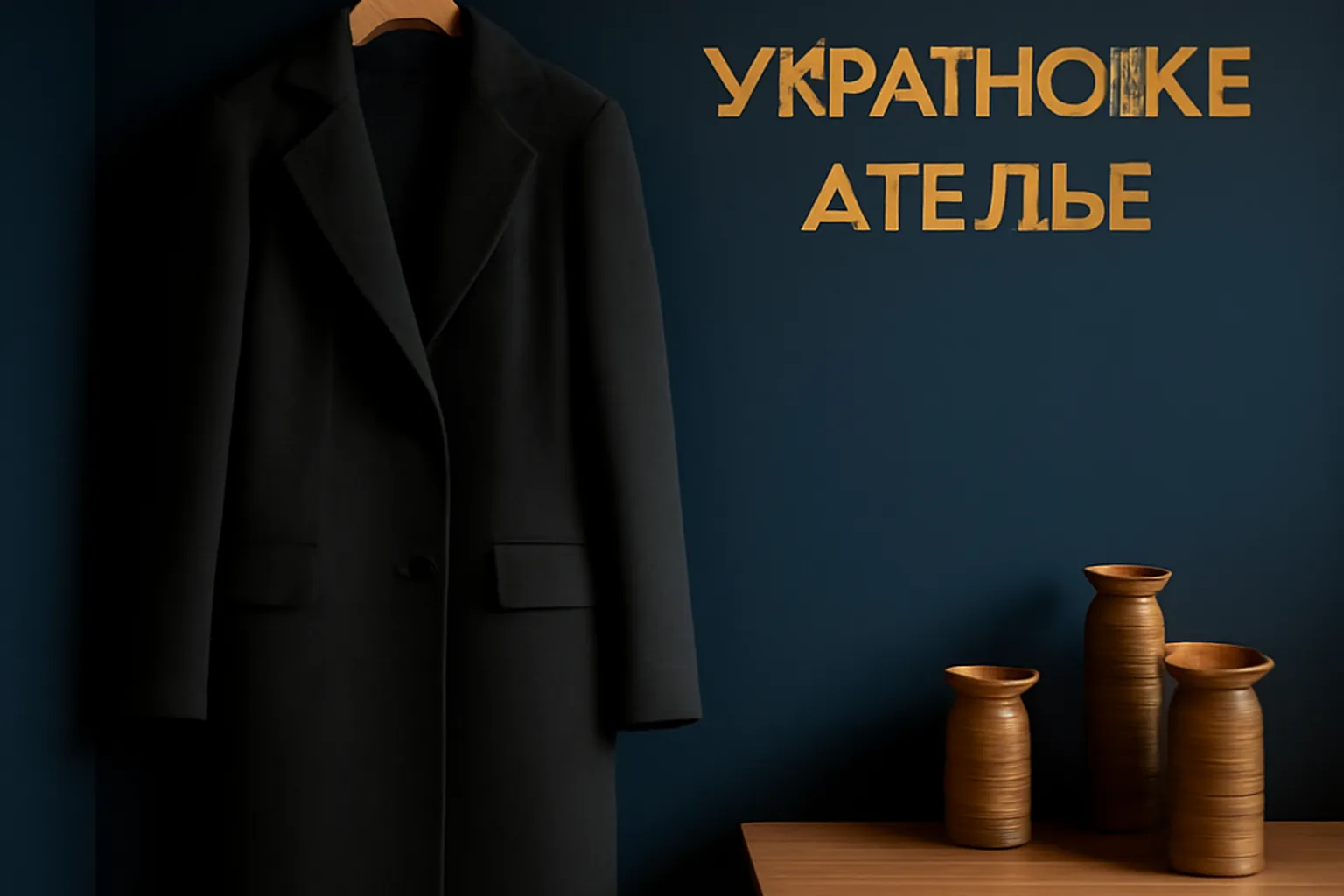 Atelier de mode minimaliste ukrainien avec manteau ajuste sur cintre en bois