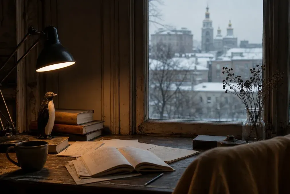 Bureau de lecture et atmosphère de roman noir à Kyiv