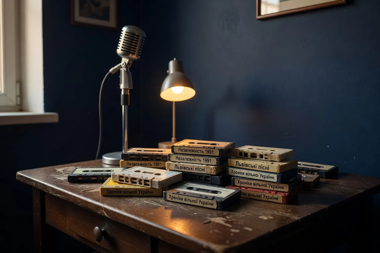 Cassettes vintage et microphone dans un appartement de Lviv des annees 1990
