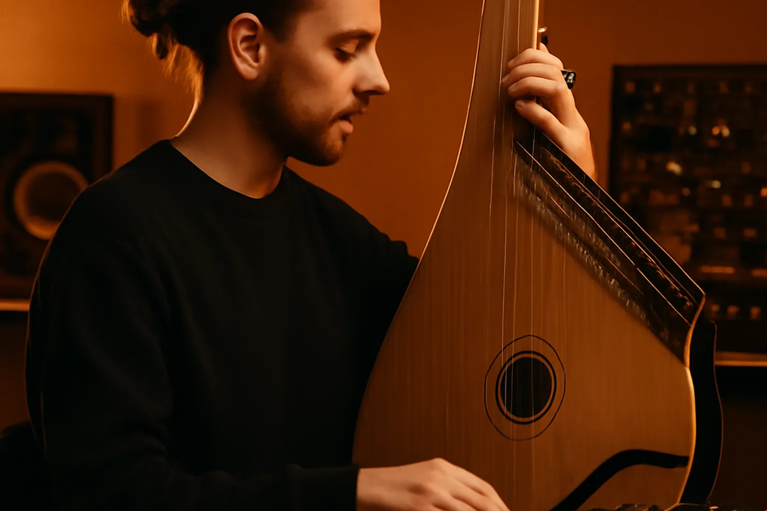 Bandurniste ukrainien en studio melant instrument traditionnel et synthetiseur moderne