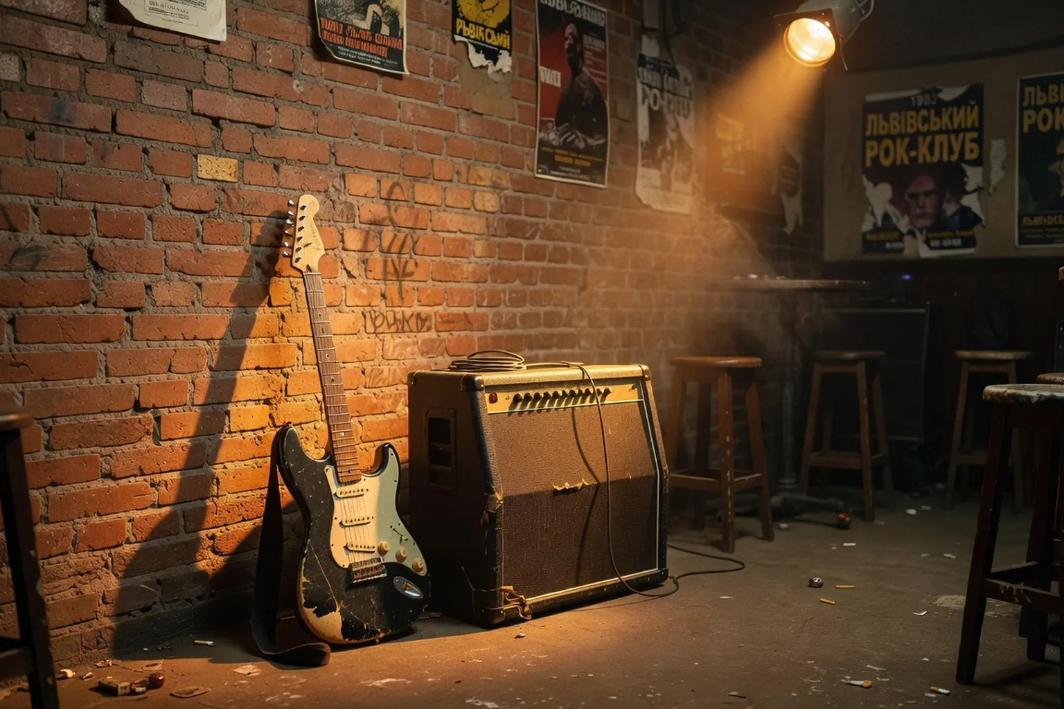 Club de rock de Lviv des annees 1990 avec ampli et guitare electrique