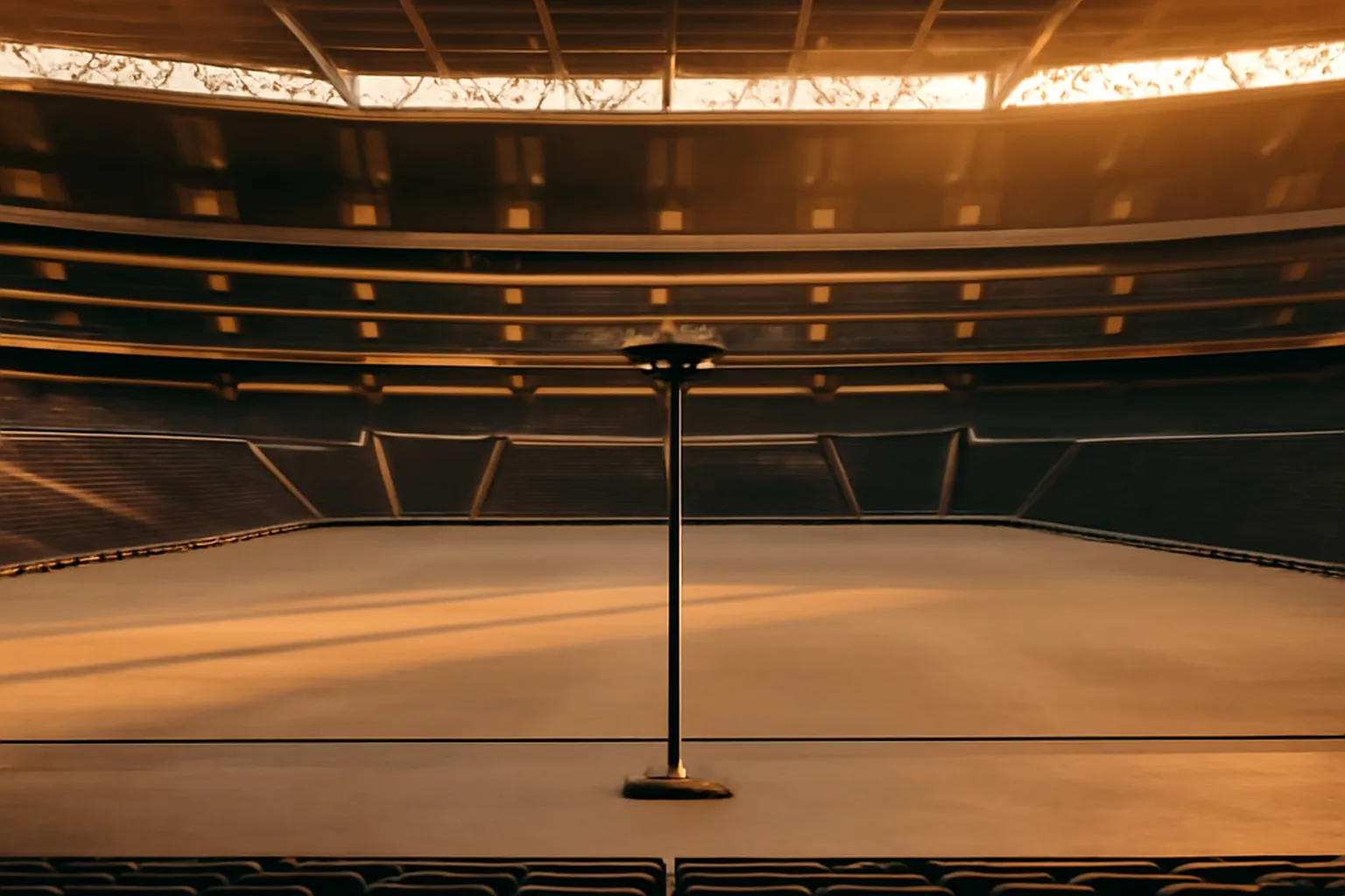 Stade de concert vide a l'heure doree avec micro central