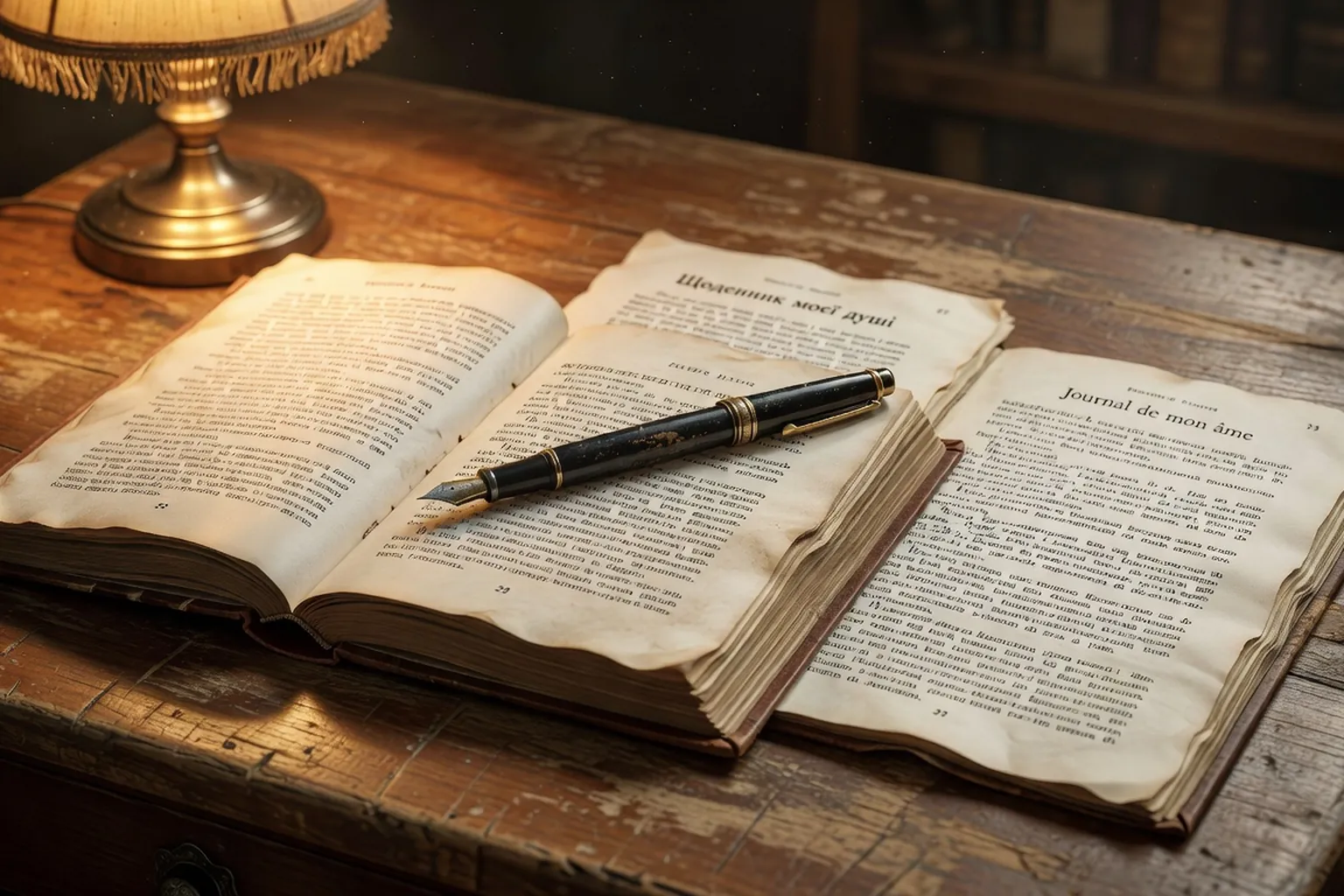 Roman ukrainien ouvert avec sa traduction française sur un bureau d'ecriture