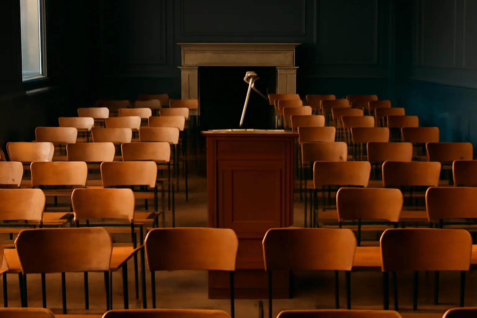 Salle de conference litteraire vide a Paris avec micro sur podium