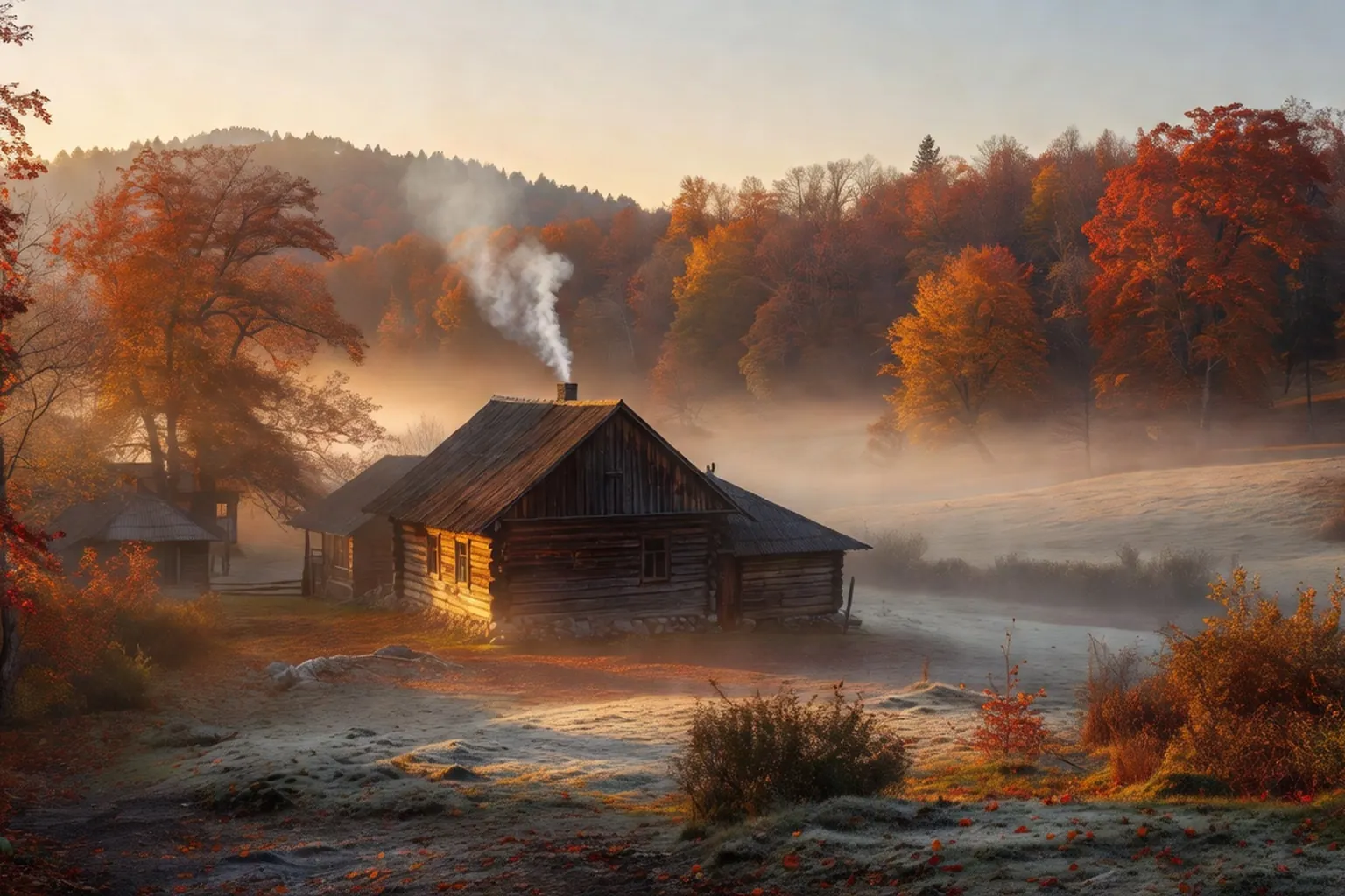 Paysage rural des Carpates de Bucovyna a l'aube avec ferme en bois