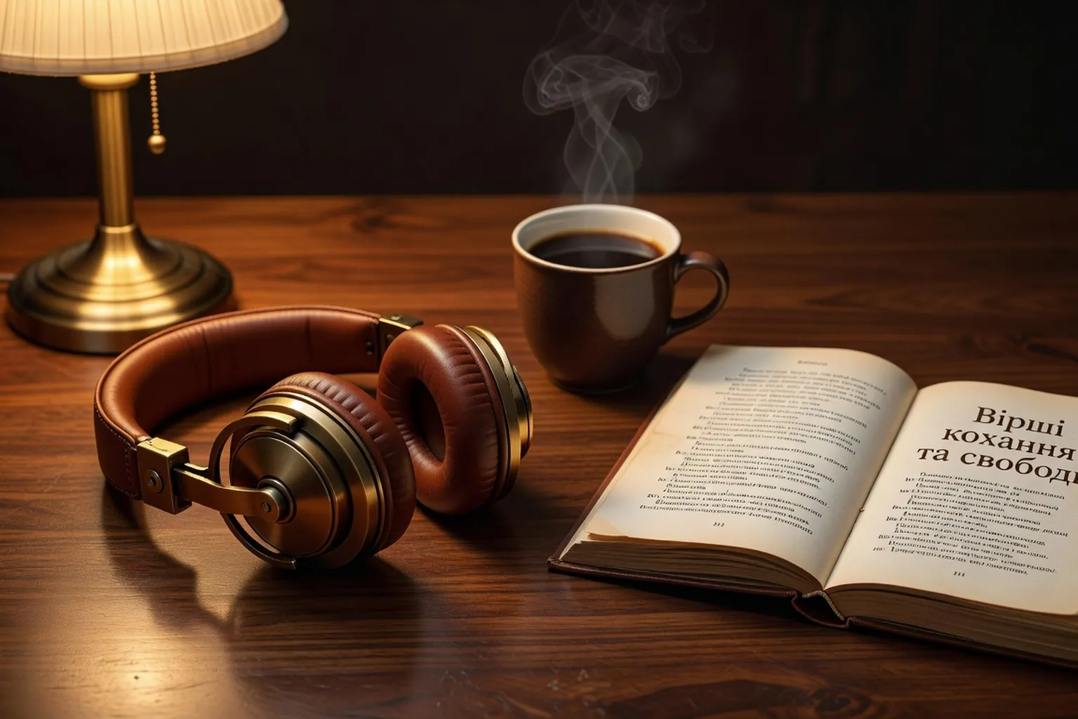 Casque audio vintage avec livre de poesie ukrainienne et tasse de cafe