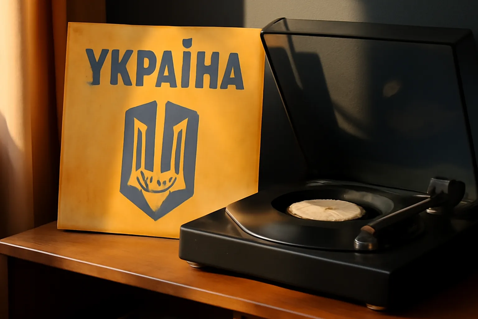 Tourne-disque vinyle avec pochette d'album ukrainien sur etagere