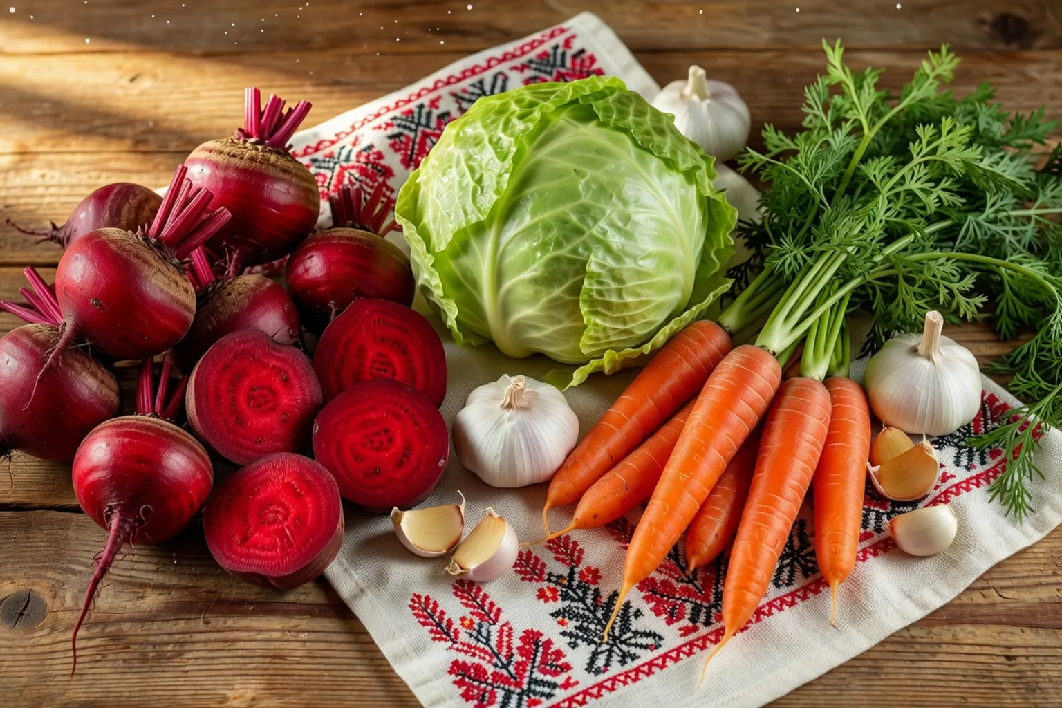 Ingredients du borchtch frais sur table en bois : betteraves, chou, carottes, ail