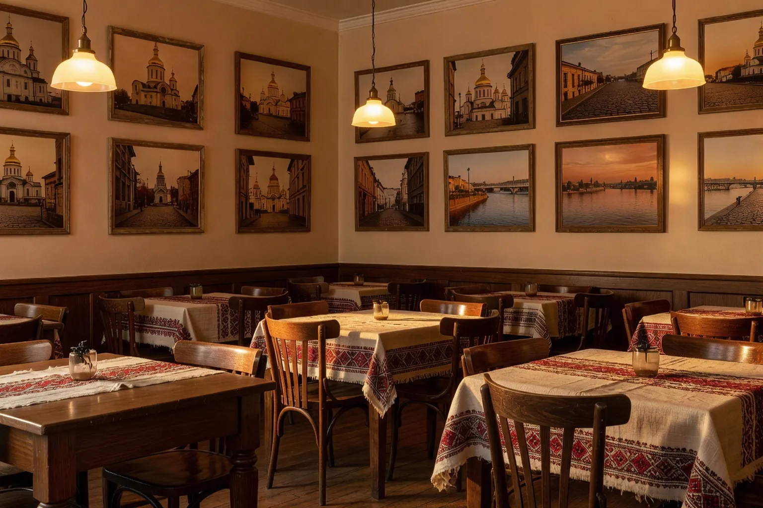 Interieur chaleureux d'un restaurant ukrainien a Paris avec nappes brodees