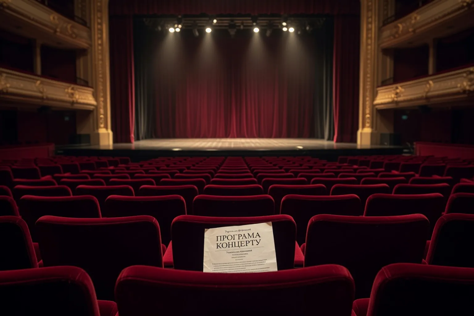 Salle de concert française vide avec programme ukrainien sur un siege