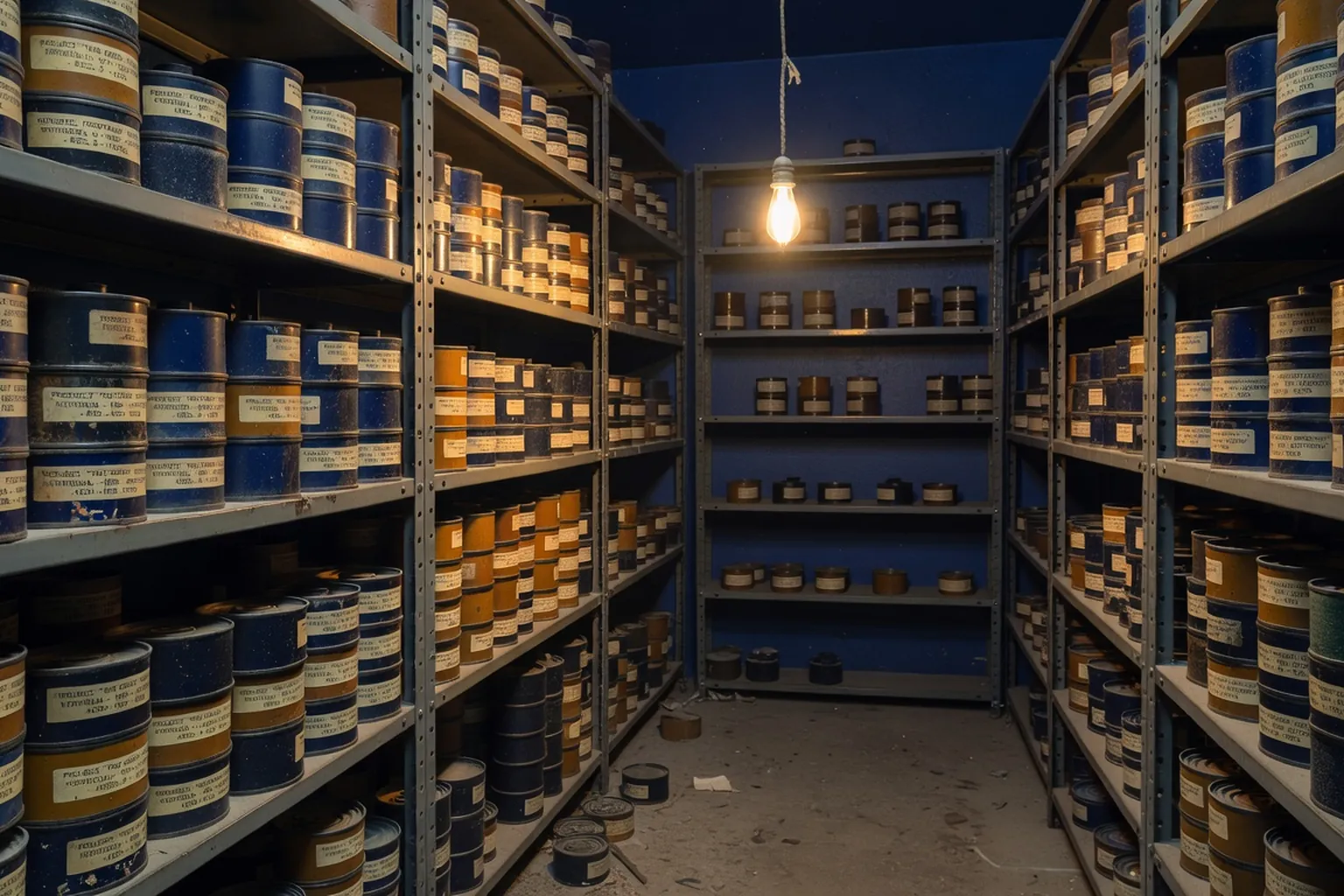 Salle d'archives documentaires avec pellicules 16mm sur etageres metalliques