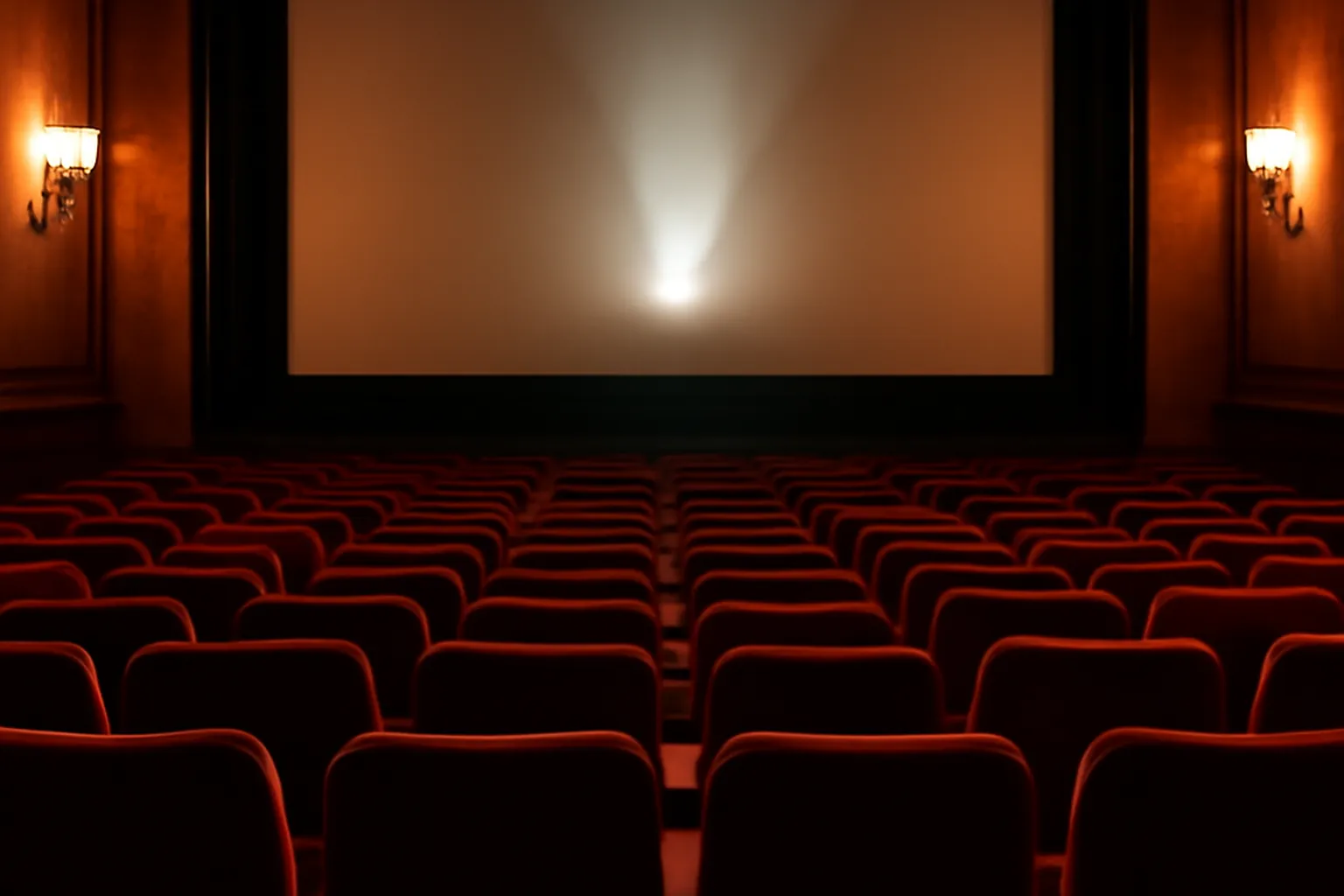 Salle de cinema style Cannes avec sieges en velours rouge et faisceau de projecteur
