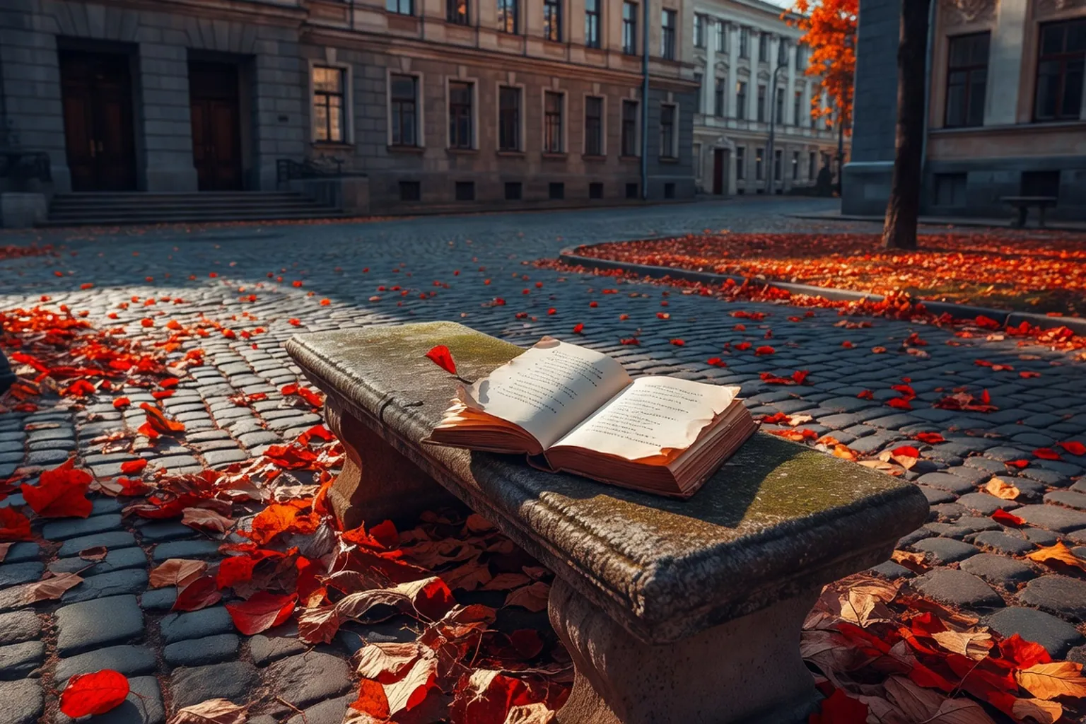 Cour d'universite de Kharkiv en automne avec livre de poesie sur banc de pierre