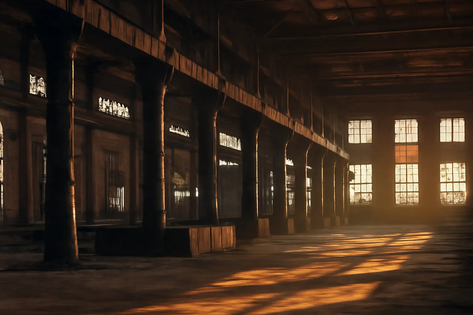 Interieur industriel du Donbass avec lumiere chaude par fenetres cassees