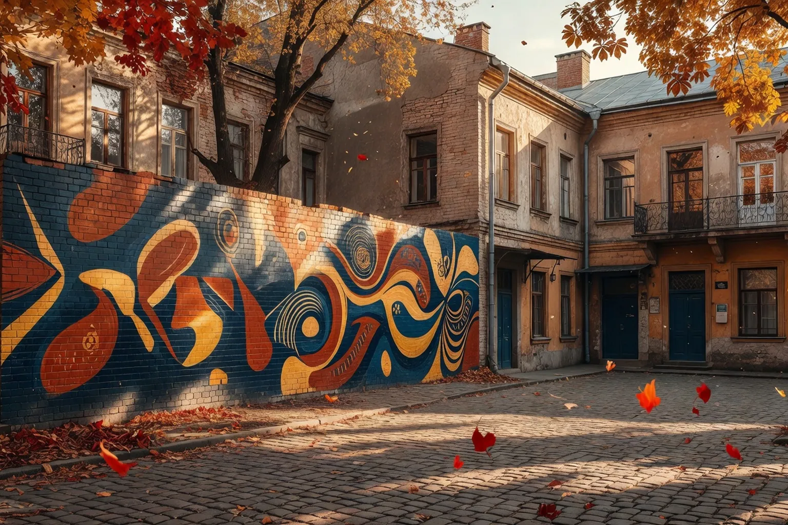 Cour urbaine d'avant-guerre de Kharkiv avec fresque colore