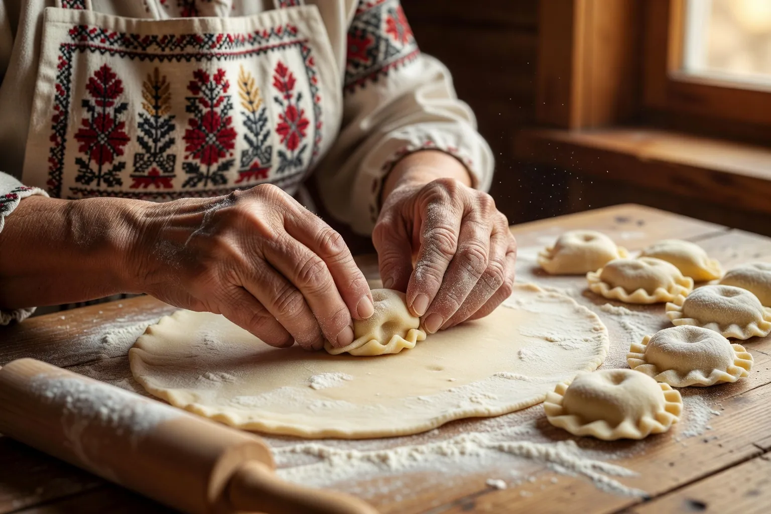 Mains de grand-mere faconnant des varenyky sur table de bois farinee