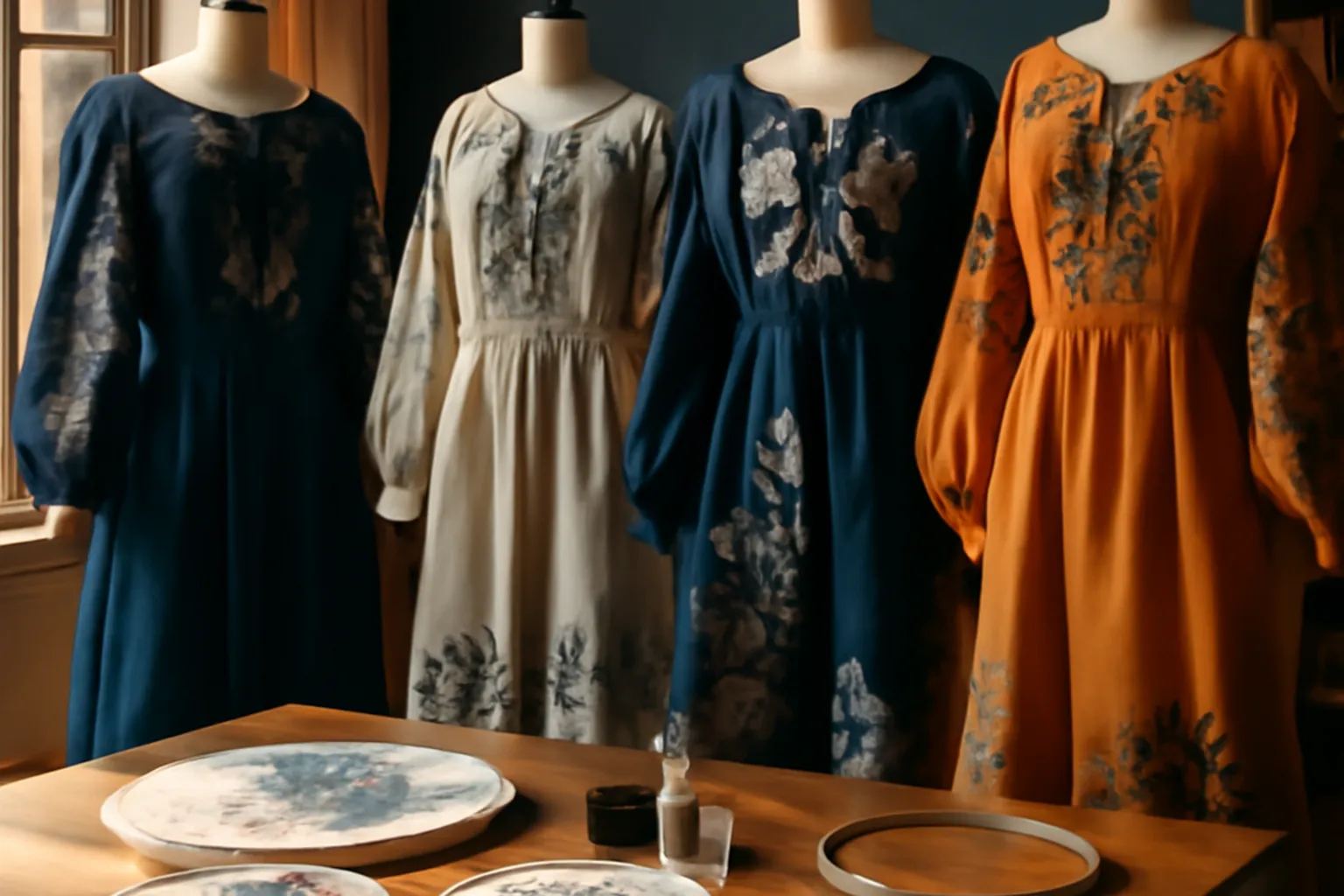 Atelier de mode contemporain avec robes vyshyvanka modernes sur mannequins