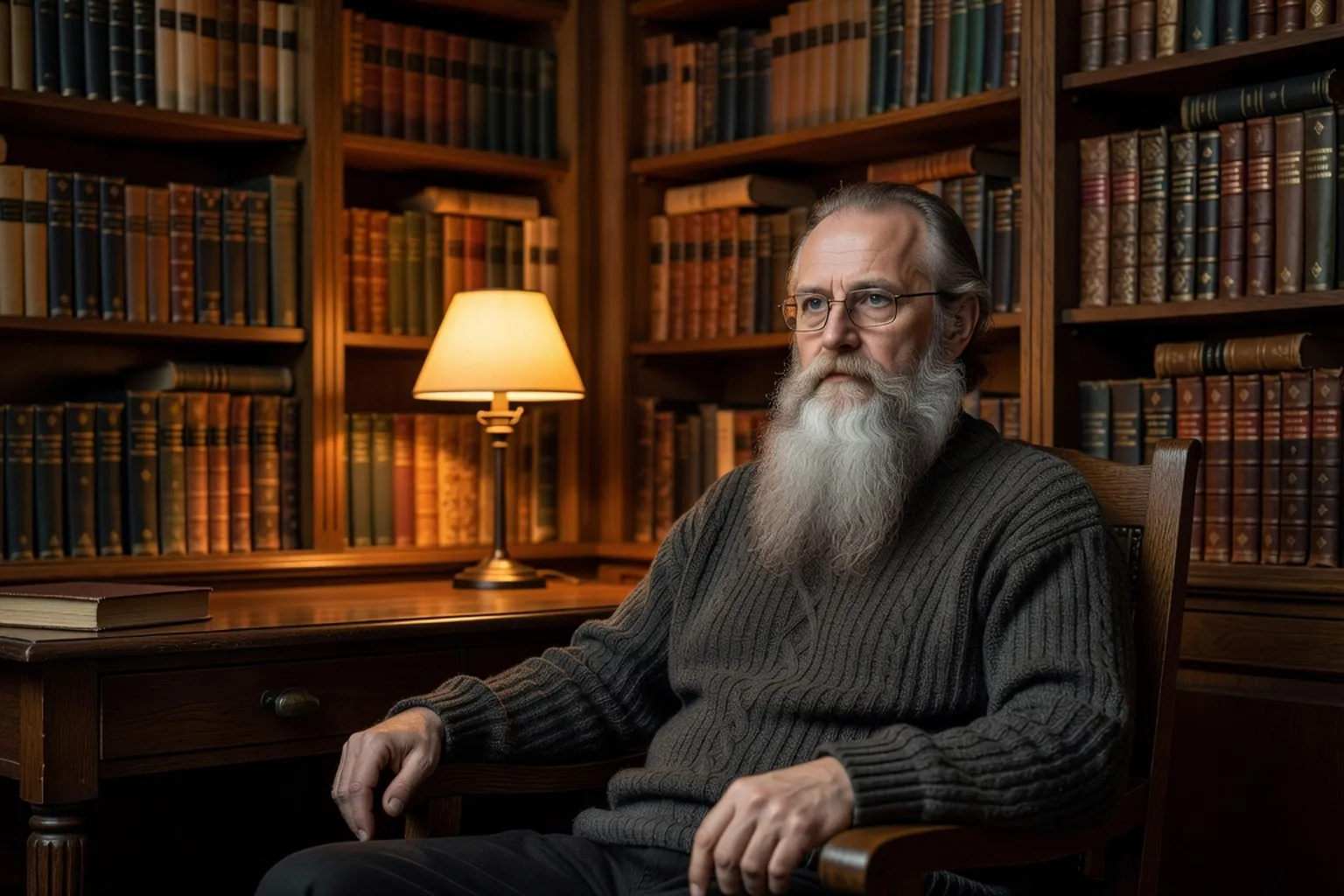 Andrei Kourkov, ecrivain ukrainien, ambiance de bibliotheque editoriale chaude