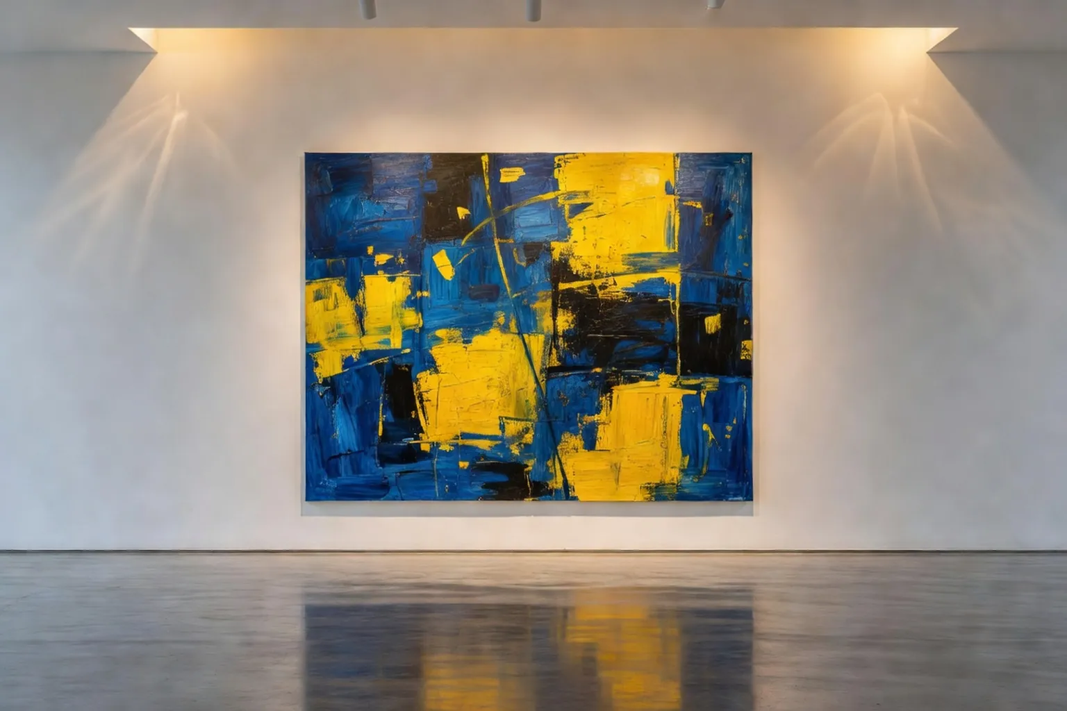 Galerie d'art contemporain ukrainien a Kyiv, salle blanche baignee de lumiere chaude, oeuvres murales de grand format et installation au sol