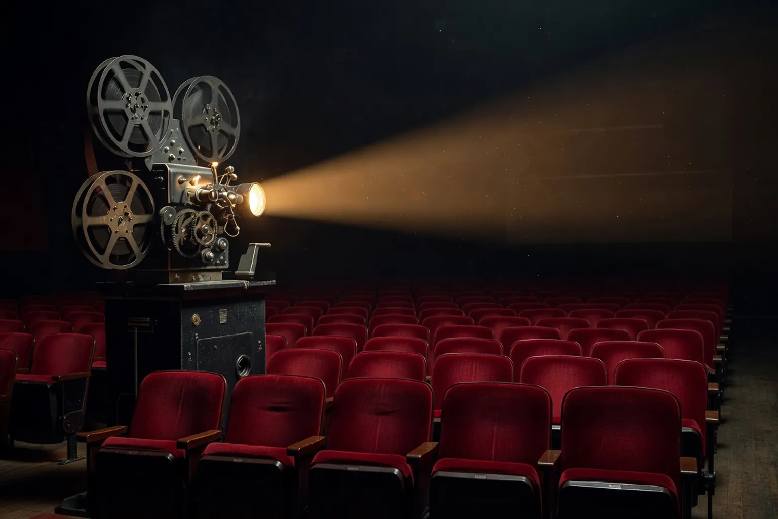 Plateau de tournage en Ukraine, lumiere chaude de fin d'après-midi, equipe au travail avec une camera 35mm et un projecteur de cinema