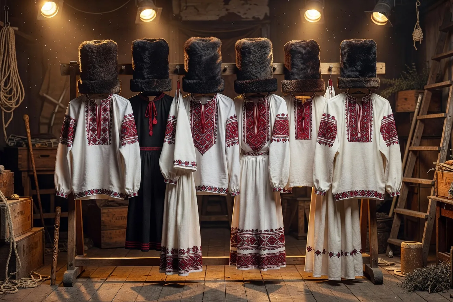 DakhaBrakha en concert, costumes blancs et chapeaux d'hiver volumineux, scene de theatre experimental