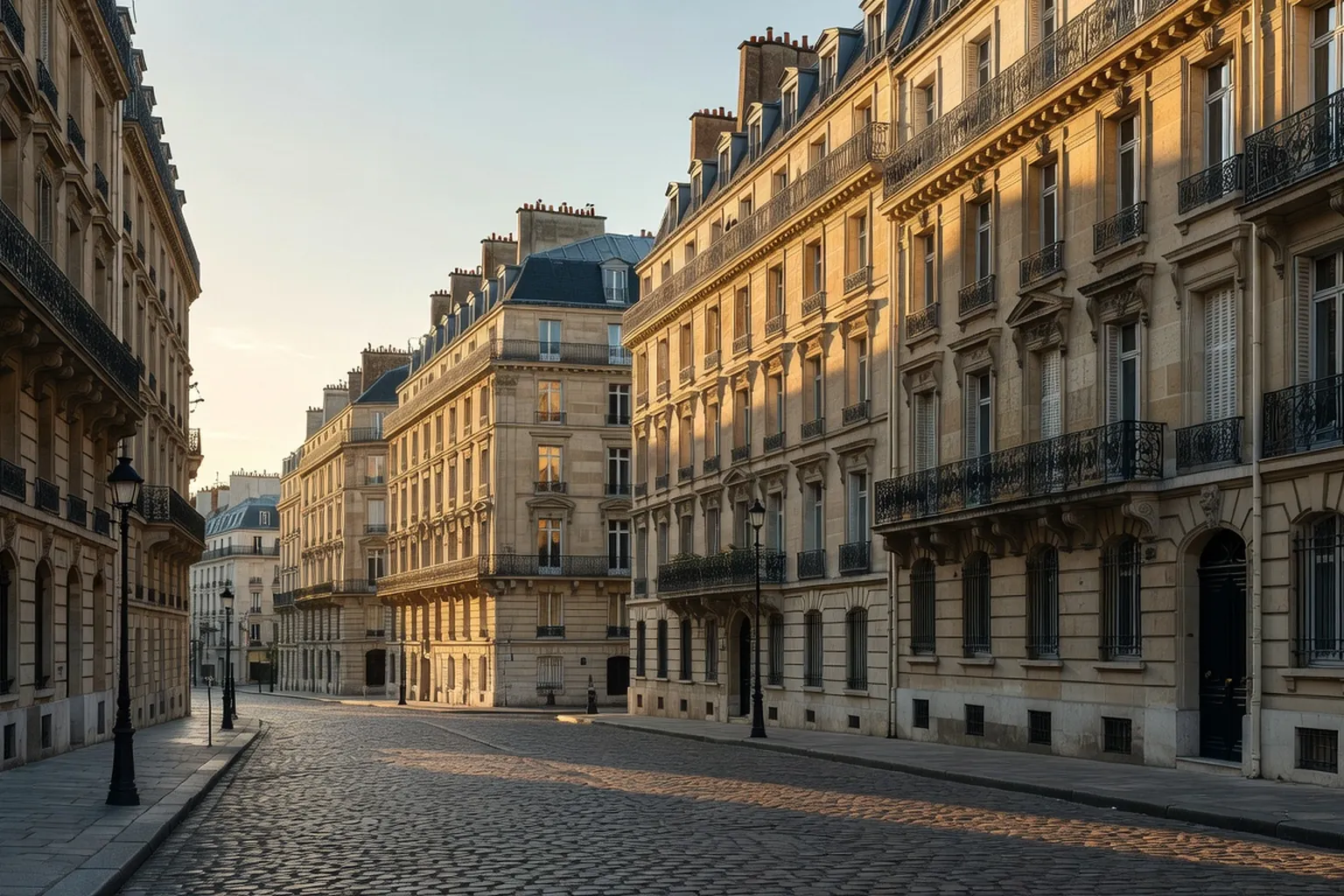 Quartier ukrainien de Paris au crepuscule, lumiere chaude sur les facades haussmanniennes, atmosphere de communaute discrete