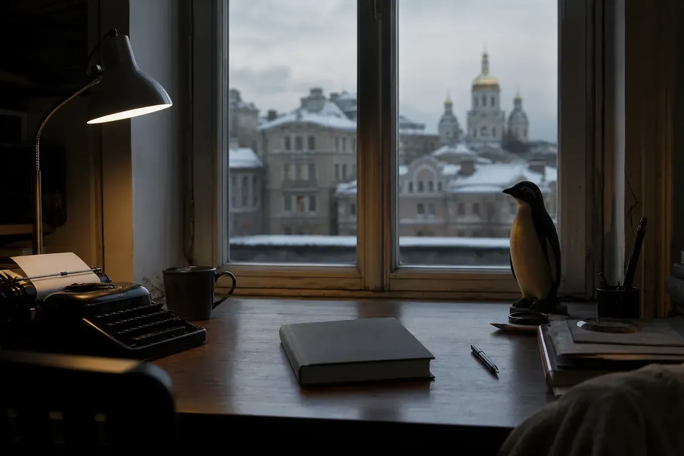 Roman Le Pingouin d'Andrei Kourkov posé sur un bureau sombre