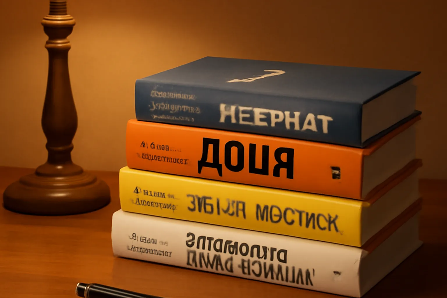 Bibliotheque editoriale ukrainienne contemporaine, livres relies en cuir et editions modernes, lumiere chaude tombant sur une table de lecture en bois