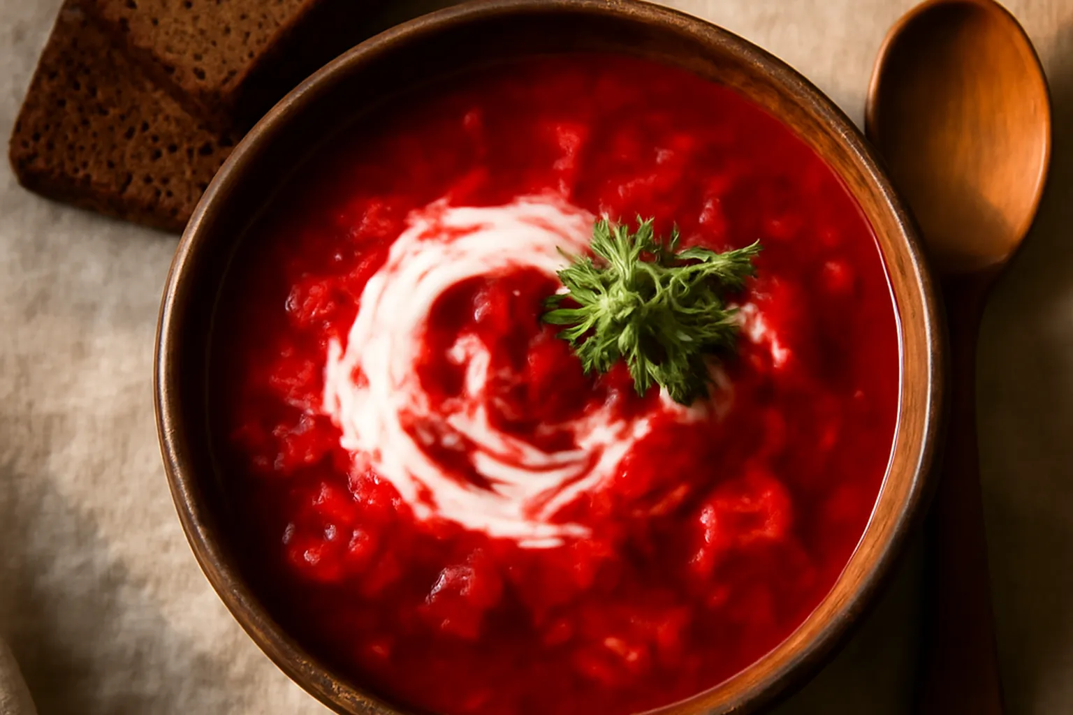 Bol de borchtch ukrainien rouge betterave avec creme smetana et pain noir, ambiance editoriale chaude