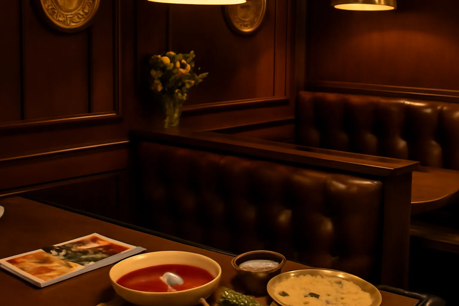 Tablee de plats ukrainiens dans un bistrot parisien, ambiance editoriale chaude