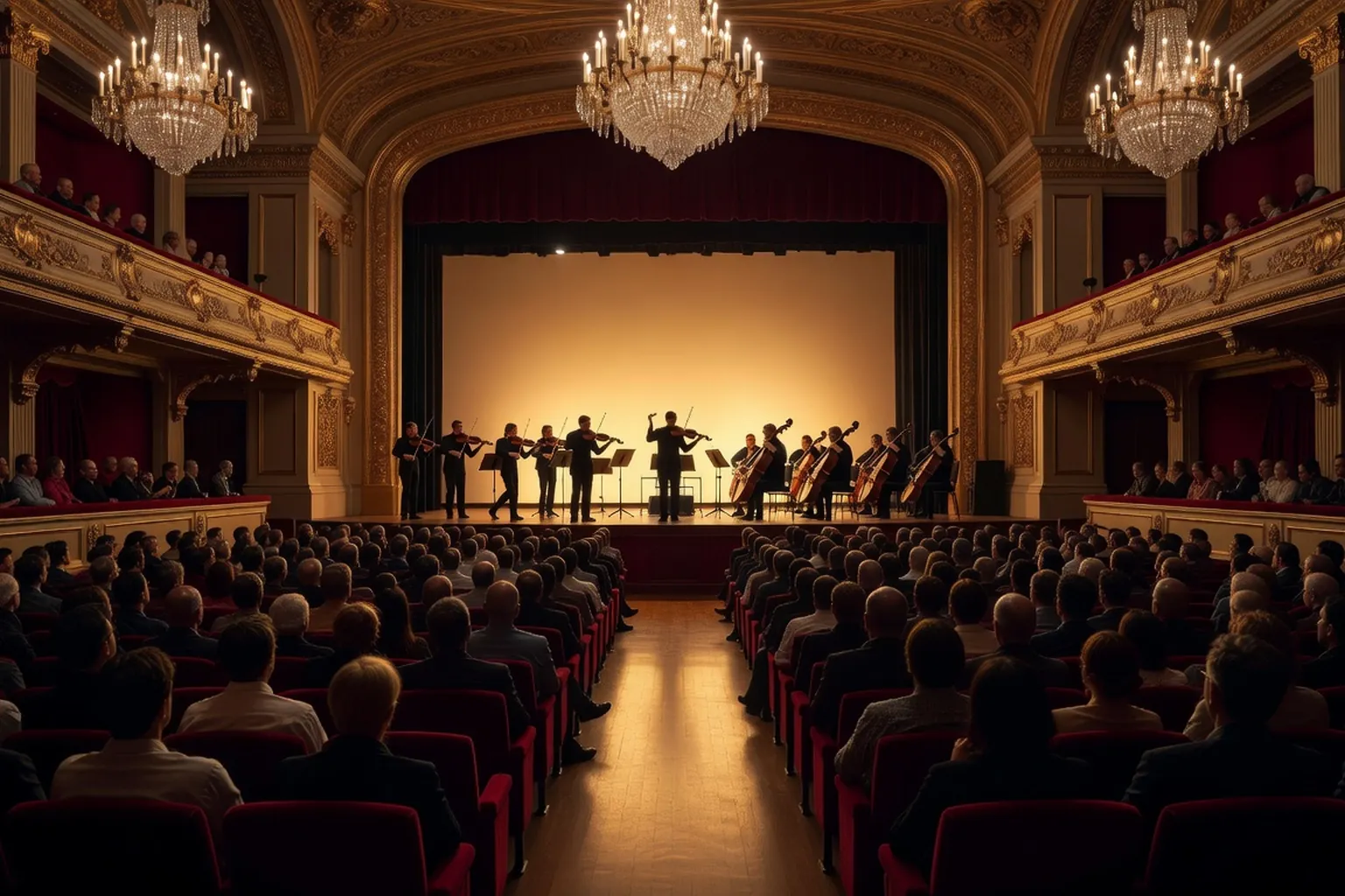 Concert ukrainien dans une salle française, lumiere chaude au-dessus d'un public attentif, scene baignee d'ambres et de bleus profonds
