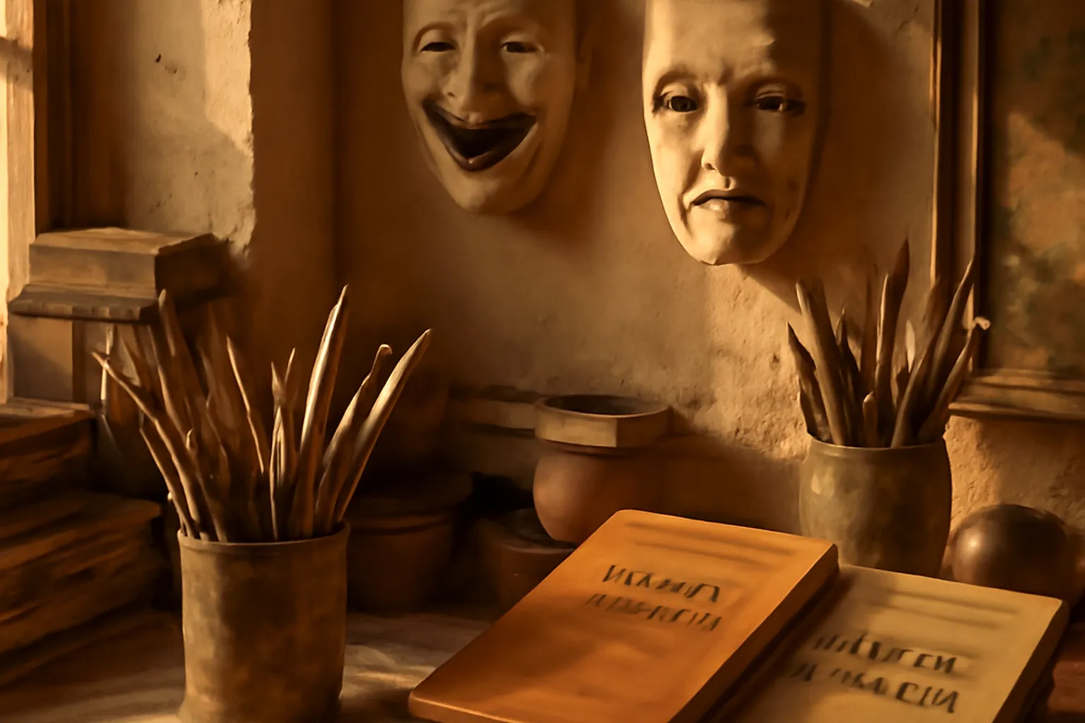 Portraits multiples d'artistes ukrainiens contemporains, ambiance editoriale chaleureuse