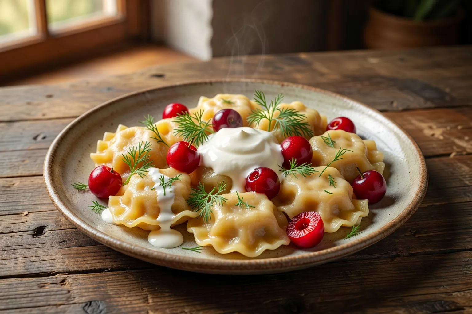 Varenyky ukrainiens dans une assiette en bois, cerises et fromage blanc, ambiance editoriale chaude