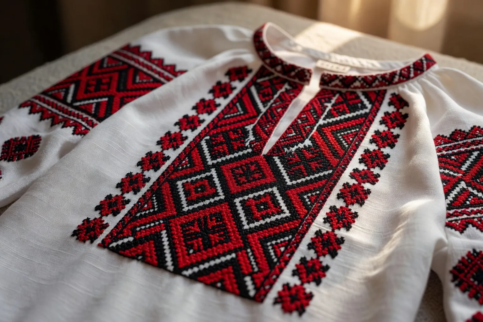 Vyshyvanka traditionnelle ukrainienne, broderie rouge sur lin ecru, atmosphere editoriale chaude